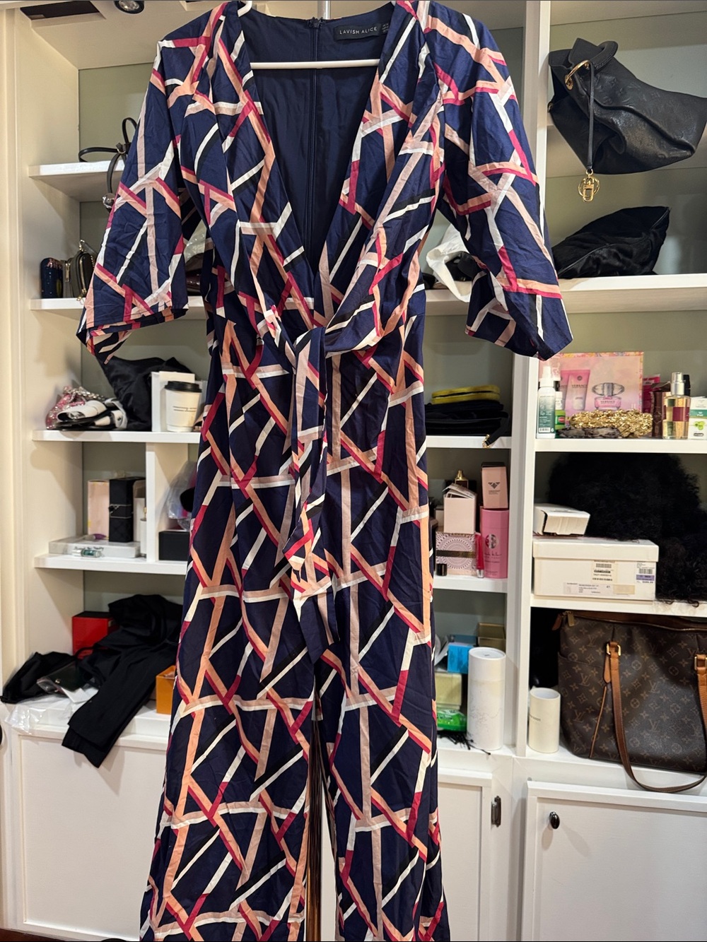 Lavish Alice Navy Geometric Jumpsuit with Pink & Cream Accents